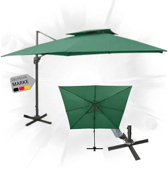 DELUKE Sonnenschirm rechteckig LOTI 300cm Grün | UV-Schutz, Kippbar, Kurbelsystem | Ampelschirm rechteckig Freiarm Sonnenschirm 300 cm Kurbelschirm Standschirm Sonnenschutz Gartenschirm