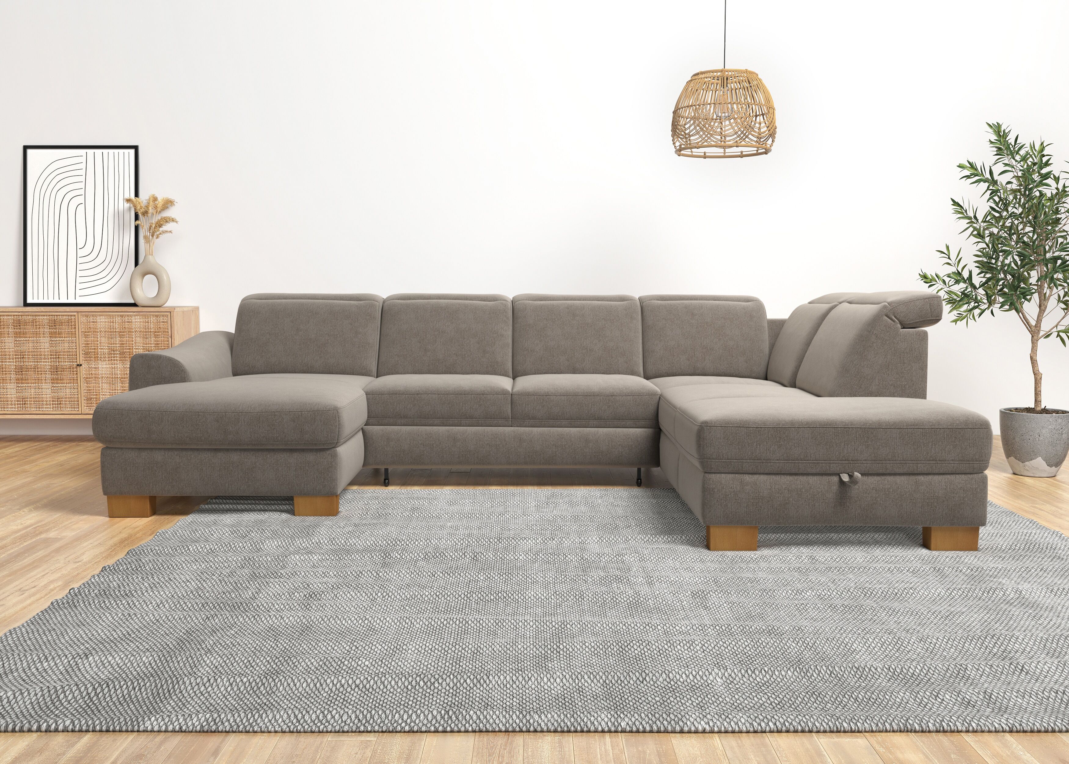 Wohnlandschaft HOME AFFAIRE "Dundee U-Form", grau (taupe), B:338cm H:86cm T:219cm, Flachgewebe (100% Polyester), Sofas, Wohnlandschaft, wahlweise mit Kopfteilverstellung und zusätzlich mit Schlaffunktion taupe B/H/T: 338cm x 86cm x 219cm, Flachgewebe, Ott