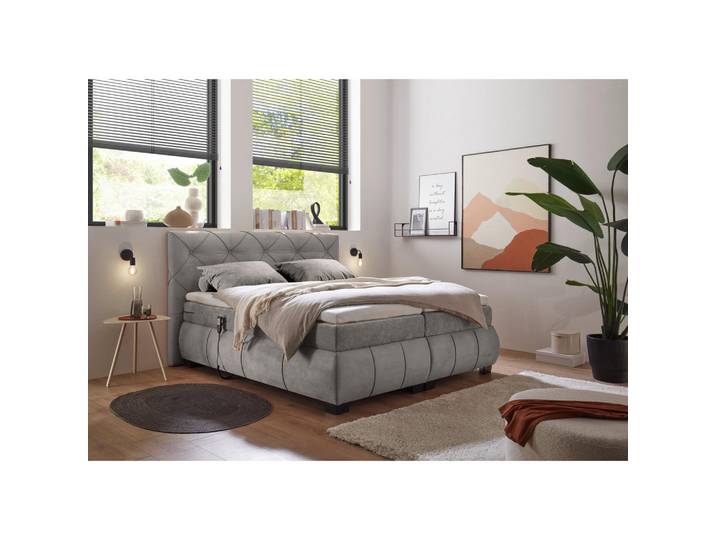 Mid.you Boxspringbett, Grau, Kunststoff, H2, 180x200 cm, gepolstertes Kopfteil, Topper geteilt, Matratze geteilt, Schlafzimmer, Bett, Doppelbetten
