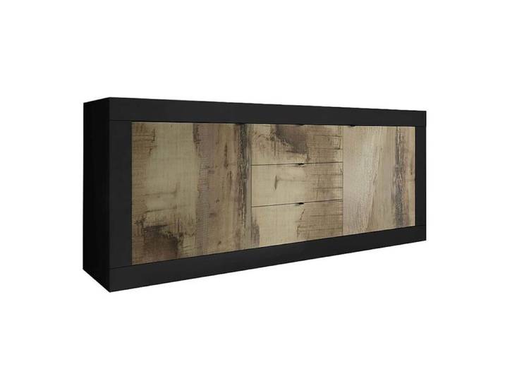 OTELLO - Buffet 2 Portes 3 Tiroirs Finition Noir Mat et Aspect Bois Antik