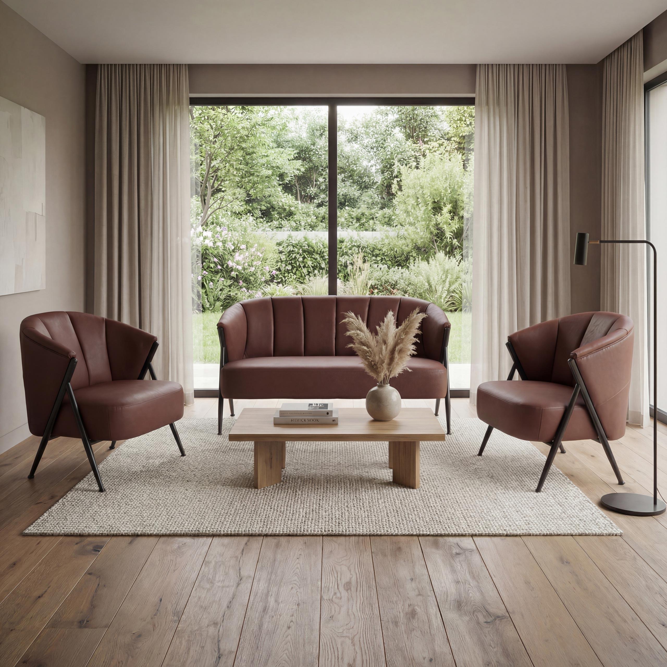 Wohnzimmer-Set MCW-P30, 2er-Sofa 2x Sessel, Vintage Retro Industrial Metall Kunstleder rostrot