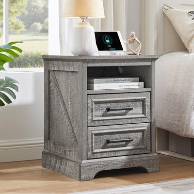 ACCOHOHO Farmhouse Nightstand with Charging Station, End Table with 2 Drawers
