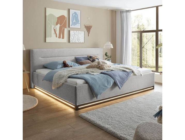set one Familienbett Franklin Kopfteil mit Quereinzug Sockel schwarz 240x200cm Hellgrau modern, Mit Beleuchtung