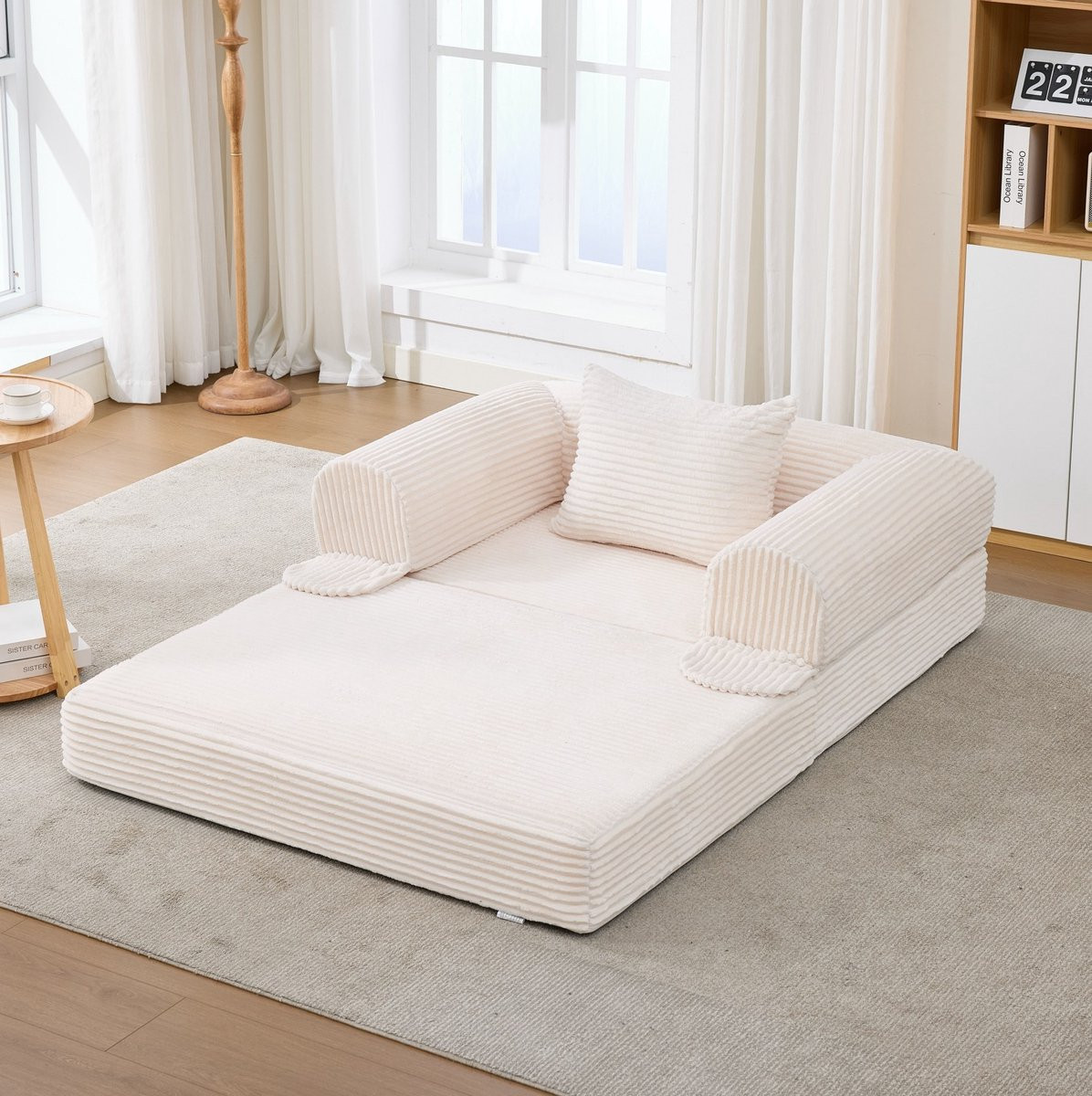 FloraGrace Fauteuil 1-Zits - Handmatig Omvormbare Slaapfauteuil in Beige Kordstof