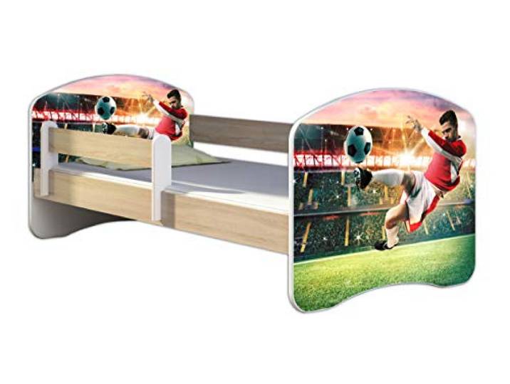 ACMA Kinderbett 180x80 Jugendbett mit Matratze, Farbe Sonoma mit Rausfallschutz Lattenrost II Spielbett Kinderzimmer Möbel, 37 Fußballer 2