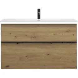 burgbad Eqio Slim Keramik-Waschtisch inklusive Waschtischunterschrank mit LED-Beleuchtung, 1020x490x640mm, SHBU102F5662C0001G0252, Farbe: Eiche Dekor Urban / Eiche Dekor Urban, Griffleiste Schwarz