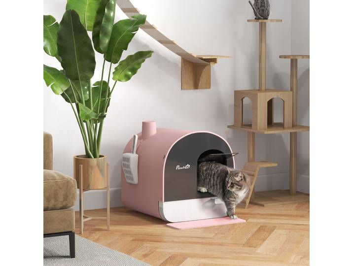 Pawhut Bac à litière pour chat avec plateau amovible Tapis pelle 43X44X47Cm Rose