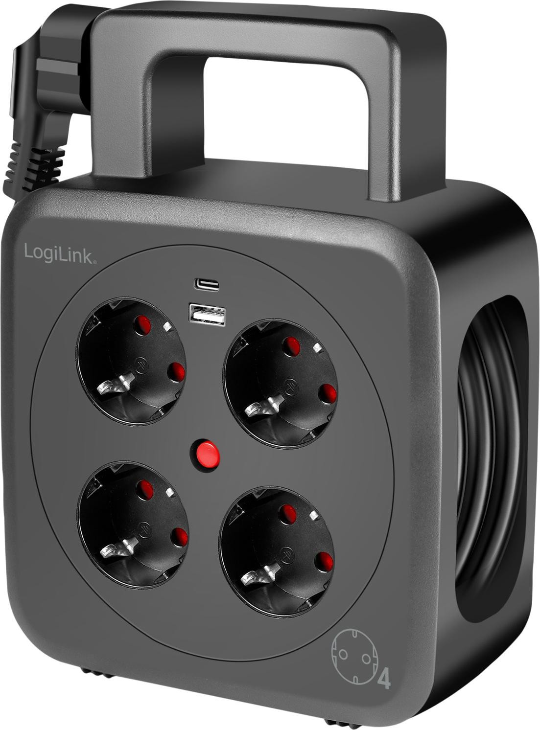 LogiLink LPS504 kabelhaspel met 4 stopcontacten en 2 USB-poorten, 5 meter, zwart