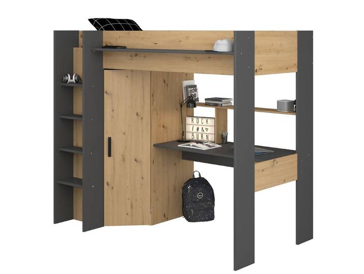 58 aufm Kessel Kinderbett Hochbett Parisot Heavy 1-tlg. Holznachbildung Eiche Artisan/Schwarz (inkl. Versand, Lieferung bis Verwendungsstelle), Stabiles Hochbett mit Leiter, Kleiderschrank und Schreibtisch