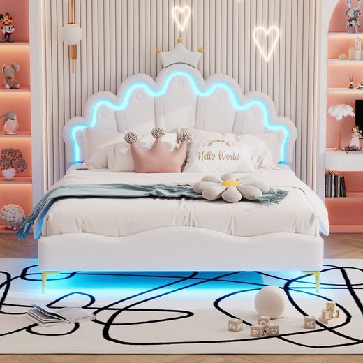 Odikalo Kinderbett Jugendbett Polsterbett Kronenform Leder LED-Licht Weiß 140x200