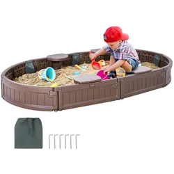 VEVOR Sandkasten mit Abdeckung, 183 x 105 x 23 cm, ovaler Sandkasten, HDPE-Sandgrube mit 4 Ecksitzen und Bodenauskleidung, Kindersandkasten für Garten, Strand, Park, Geschenk für Jungen und Mädchen im Alter von 3–12 Jahren, braun