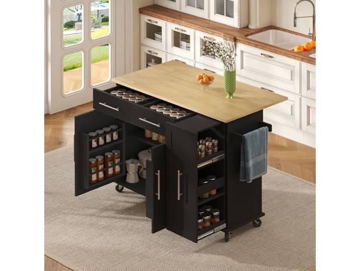 FammyLoft Kücheninsel mit Rollen, Mobile Küchenschrank mit Klappbarer Arbeitsplatte, Küchenkommode mit Handtuchhalter & 2 Schubladen, Küchen Sideboard, für Esszimmer, 120cm, Schwarz