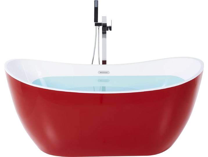 BELIANI Freistehende Badewanne Rot 150 x 75 cm aus glänzendem Sanitäracryl Oval Badezimmerzubehör Elegantes Modernes Design