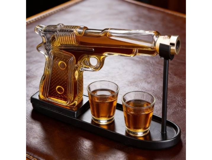Ensemble de carafe à whisky en forme de pistolet avec 2 verres à shot et support, bouteille à liqueur créative en forme de pistolet pour la décoration de bar et les chasseurs