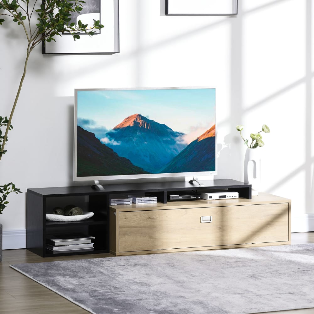 Homcom Meuble tv réversible design contemporain aspect chêne clair noir Beige 163x38x40cm