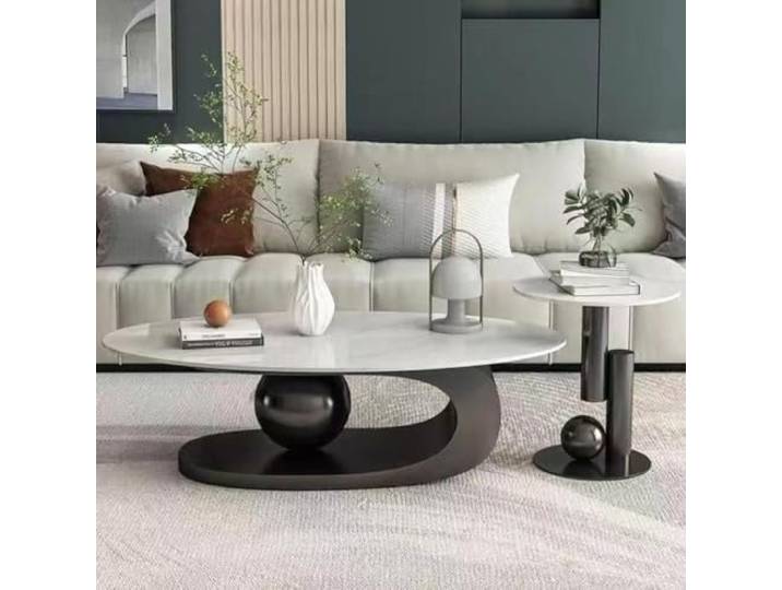 Ovale Couchtische aus Stein für das Wohnzimmer, moderner ovaler Couchtisch aus zeitgenössischem Stein, Mitteltisch mit Beistelltischen, 2er-Set, abstrakte Tische für das Wohnzimmer, Büro, Schwarz, 12