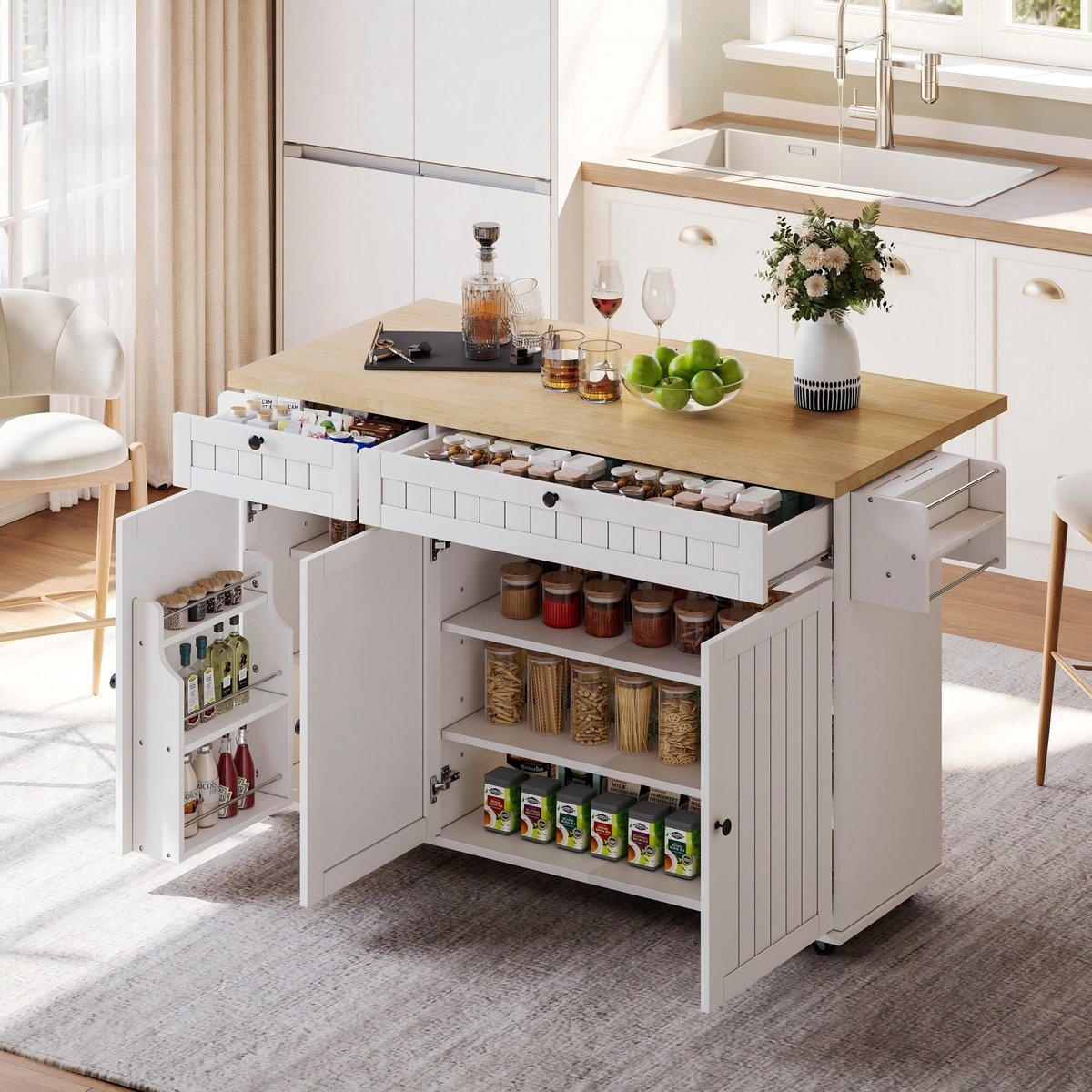 Sweiko Dressoir Keukeneiland met opklapbaar tafelblad en 2 lades - Wit