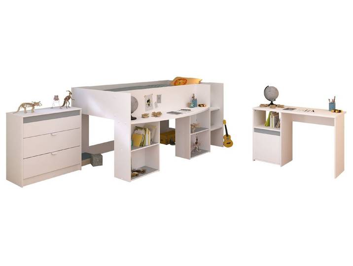 58 aufm Kessel Jugendzimmer-Set Kinderzimmer-Set 3-tlg. Parisot Pirouette 15 Holzdekor Weiß, (inkl. Versand, Lieferung bis Verwendungsstelle), Komplettzimmer mit Hochbett 90x200 Kommode Schreibtisch