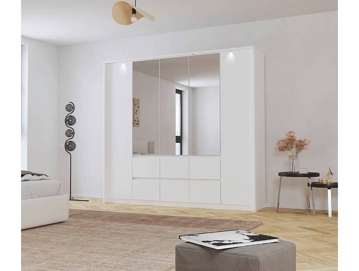 Drehtürenschrank mit Passepartout 230cm mit Beleuchtung Weiß/Alpinweiß mit Spiegeltür/-en
