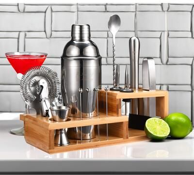 Touch of Mixology 14-Piece Stainless Steel Bartender Kit with Cocktail Shaker and Stand