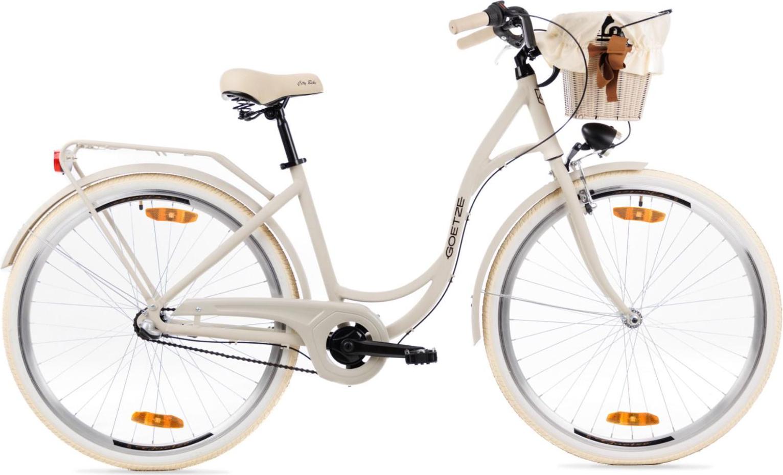 Goetze Style 28 Zoll City Bike, 18 Zoll Tiefeinsteigerrahmen, 3-Gang Shimano Nexus, V-Bremse, LED-Beleuchtung, Komfortsattel, Rattankorb