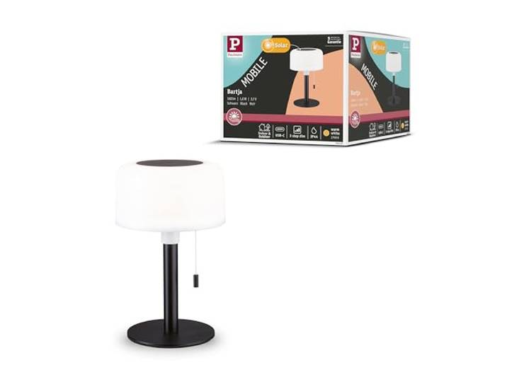 Paulmann 94607 Solar LED Akkutischleuchte Bartja IP44 2700K Schwarz USB-C Akku Mobile Tischleuchte