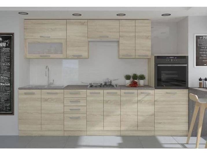 LASSEN Cuisine complète 300 cm avec four demi-colonne et hotte aspirante - Chêne Sonoma