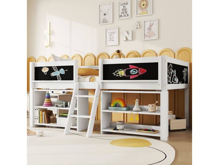 Lits pour enfants Lit demi-hauteur 90*200cm Multiple rangements Balcon Blanc
