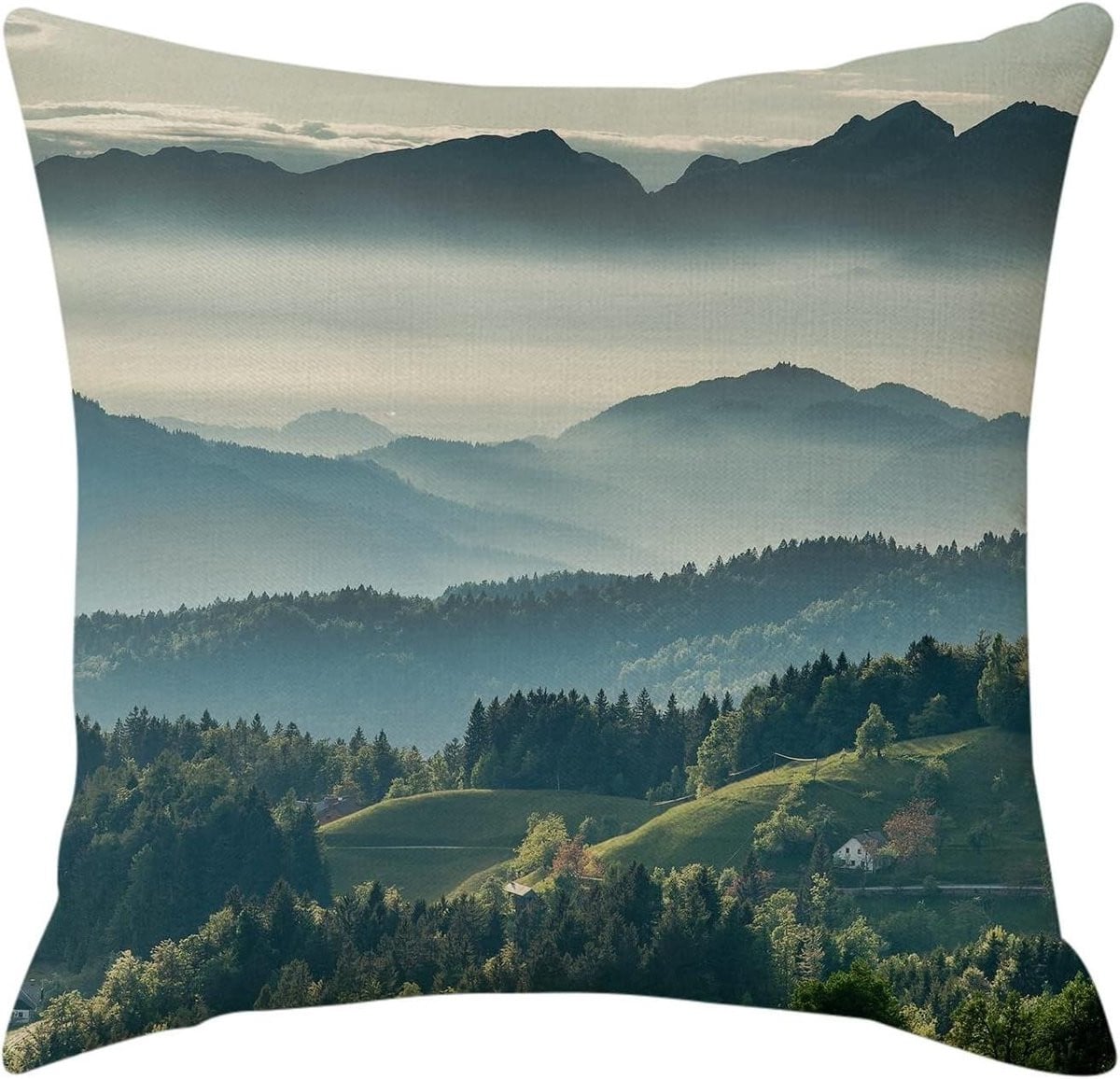 Groene linnen sierkussensloop met bergen en bomen motief, 20 x 20 cm