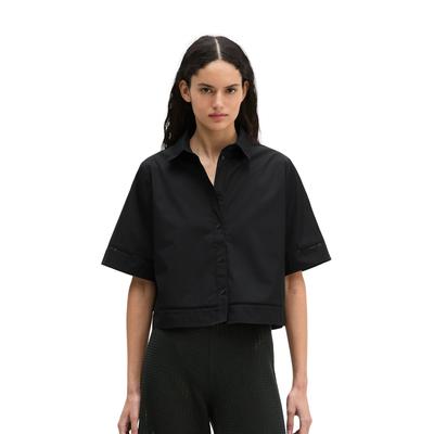 Kurzarmbluse MARC O'POLO "aus Premium-Popeline", Damen, Gr. 46, schwarz, Obermaterial: 100% Baumwolle, unifarben, regular fit bauchfrei, Spitze, Blusen