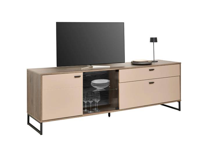 Hom`in Tv-Element, Eiche, Hellgrau, Metall, 2 Fächer, 2 Schublade(n) Schubladen, 204x68x50 cm, Wohnzimmer, TV Möbel, TV-Racks