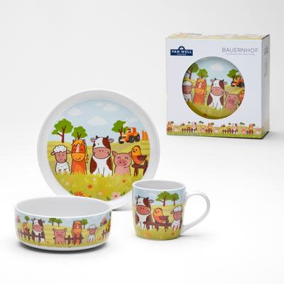 Kindergeschirr-Set VAN WELL "Kinderset Bauernhof, 3-teilig, Geschirr-Set, Service", bunt (weiß, bunt), 3 Stk., Porzellan, Geschirr-Sets, mit farbenfrohem Dekor, spülmaschinen- und mikrowellengeeignet