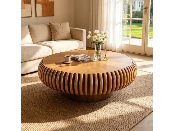 RYDZCLH Runder Couchtisch 100 cm Durchmesser, Runder Holztisch, Moderner, Einzigartiger Couchtisch Mit Rillenmuster, Beistelltisch Für Wohnzimmer, Kleine Räume, Wohnung,Braun,100cm