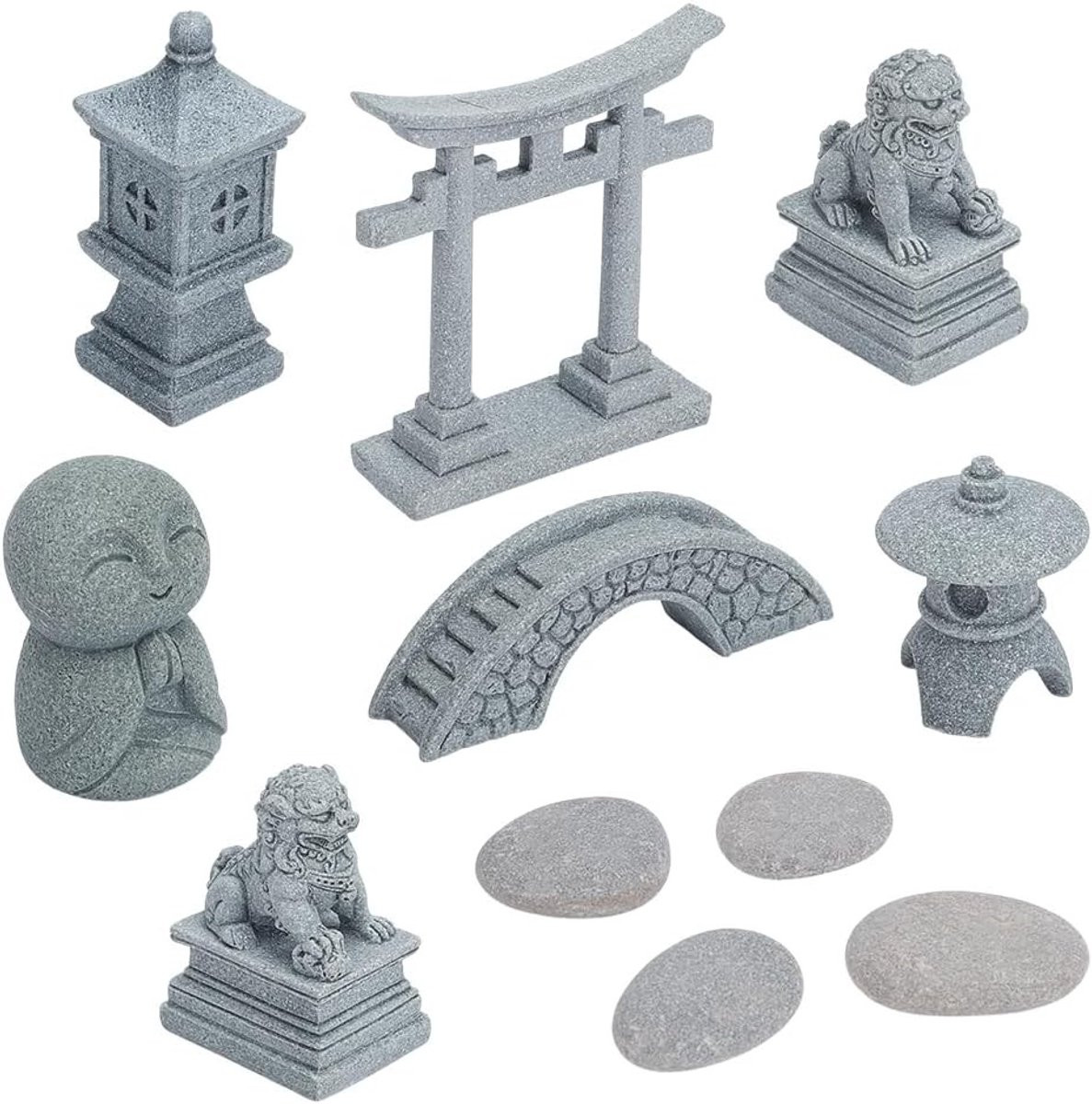 11 Stuks Mini Zen Garden Accessoires - Decoratie voor Micro Landschappen met Viskom, Leeuw, Brug en Pagode Beelden