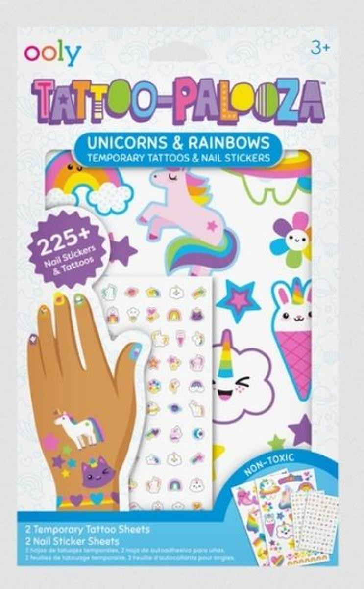 OOLY Tijdelijke tatoeages en regenboogkleurige nagelstickers met eenhoorns