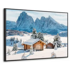 LEINWAND Bilder mit Rahmen - Winter - Hütte - Berge - Aussicht - Schnee - 140x90