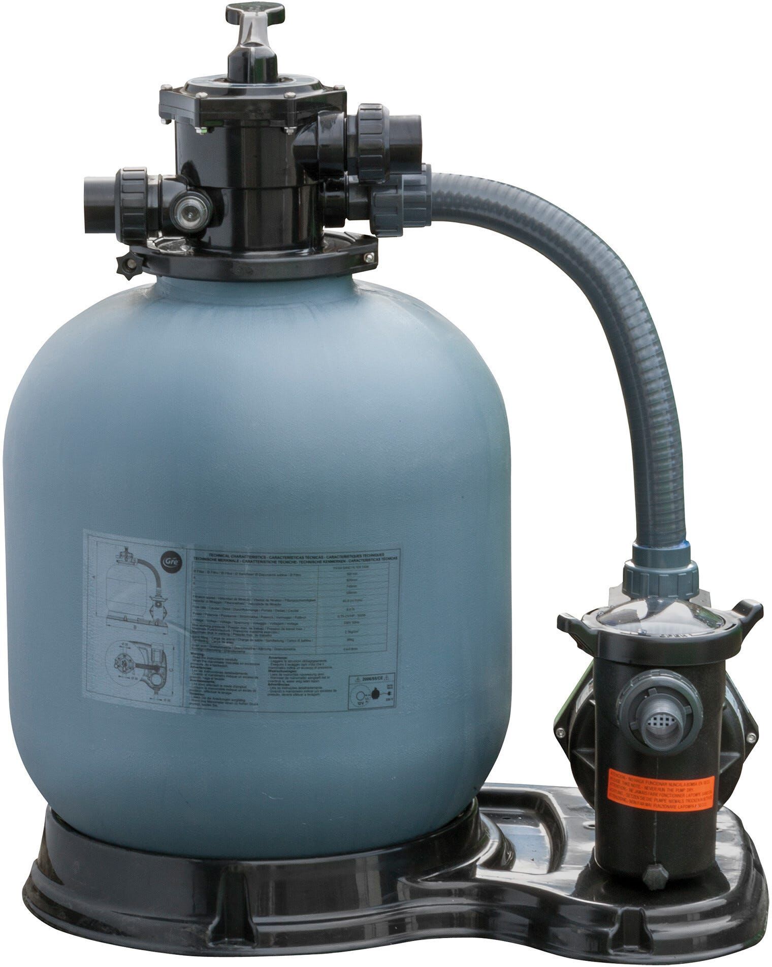 Gre' POMPA FILTRO A SABBIA  10000l/h 750W Ø500 mm VALVOLA 6 POSIZIONI MANOMETRO-PREFILTRO