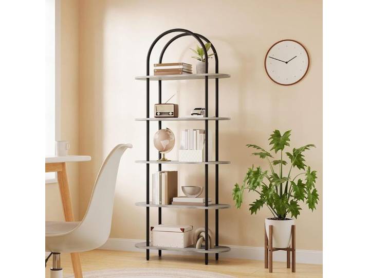 Bibliothèque à 5 Niveaux Étagère Ouverte Meuble de Rangement en Bois Bibliothèque Arrondie Présentoir à œuvre d'Art gris