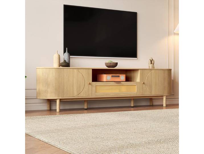 Meuble TV Support TV Ovale tiroirs en rotin avec compartiments ouverts mobilier de salon multifonctionnel 175x36x51 cm