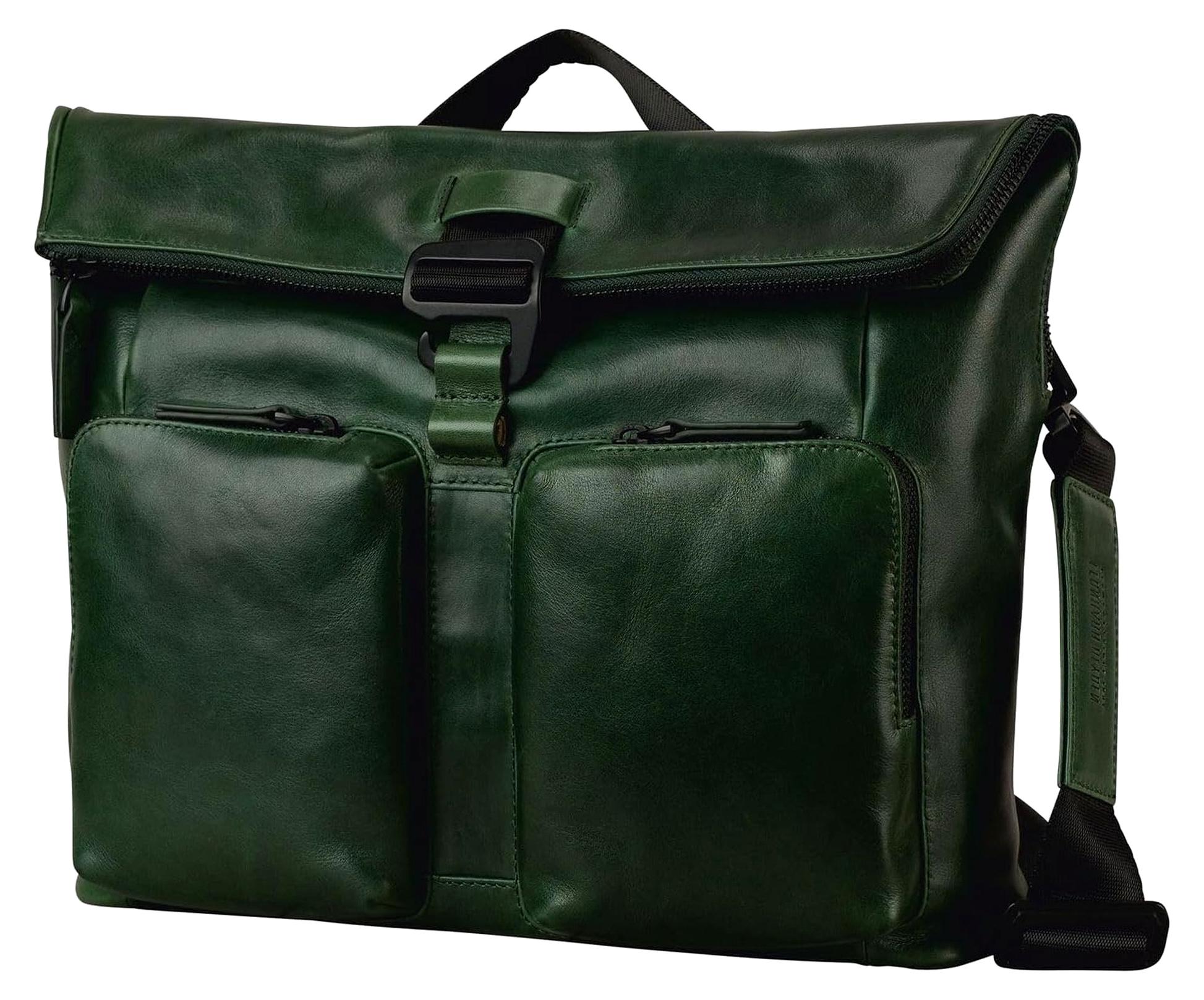 Umhängetasche aus Leder mit Laptopfach in Dunkelgrün