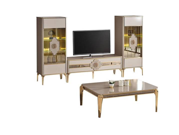 Xlmoebel Sofa Beige Wohnzimmer-Garnitur mit TV-Ständer, Vitrinen und Couchtisch, Wohnzimmer-Garnitur, Hergestellt in Europa