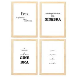 POSTER Set mit 4 Gin TypografieStil A4 Rahmen aus hellem Holz