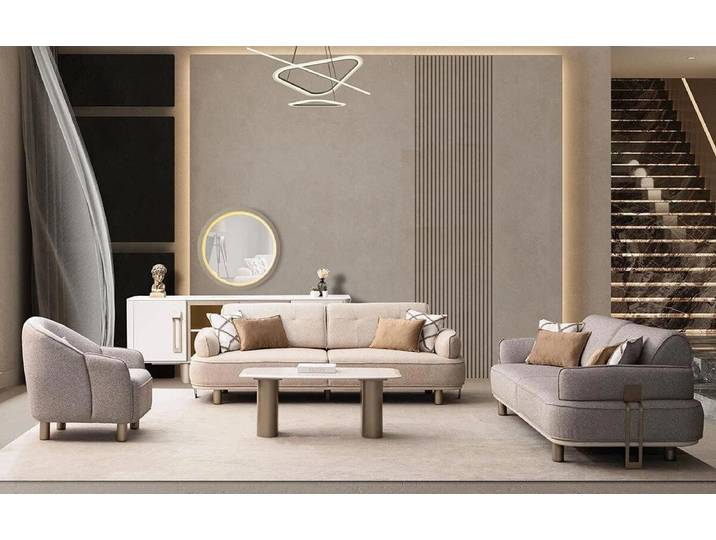 JVmoebel Polstergarnitur Beiges Sofa Set mit Sessel und Couchtisch von JVMoebel, (Set, 3-tlg), Made in Europa