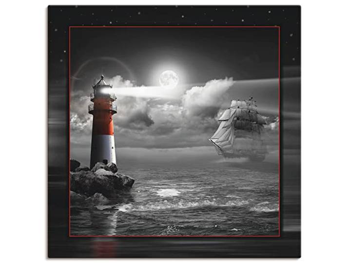 ARTLAND Wanddeko Leinwand Bilder Wandbild Maritim Meer Küste Strand Leuchtturm Segelschiff Mond Wolken bei Nacht T6GH