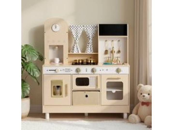 VEVOR Spielküche für Kinder, Moderne Kinderküche mit Licht & Sound, Holzküche mit Herd Backofen Spüle Mikrowelle Eisspender & Getränkespender, Küchenspielzeug mit Kochset für Kinder ab 3 Jahren, Beige