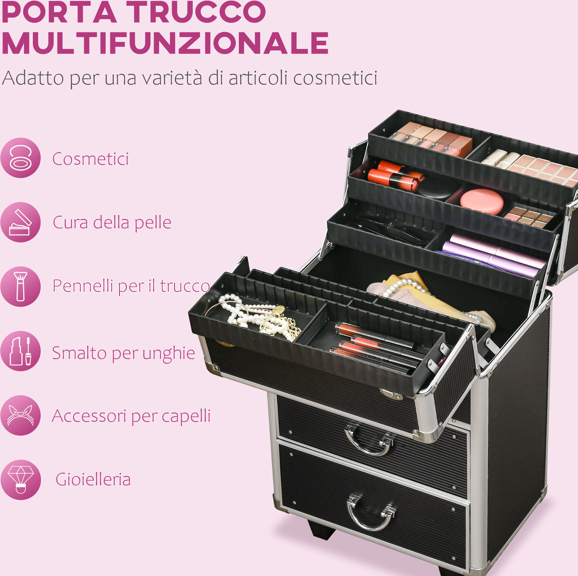 Altro Trolley Valigetta Porta Trucchi Professionale, Blocco Con 2 Chiavi E Ruote, Nero 36x23x52cm