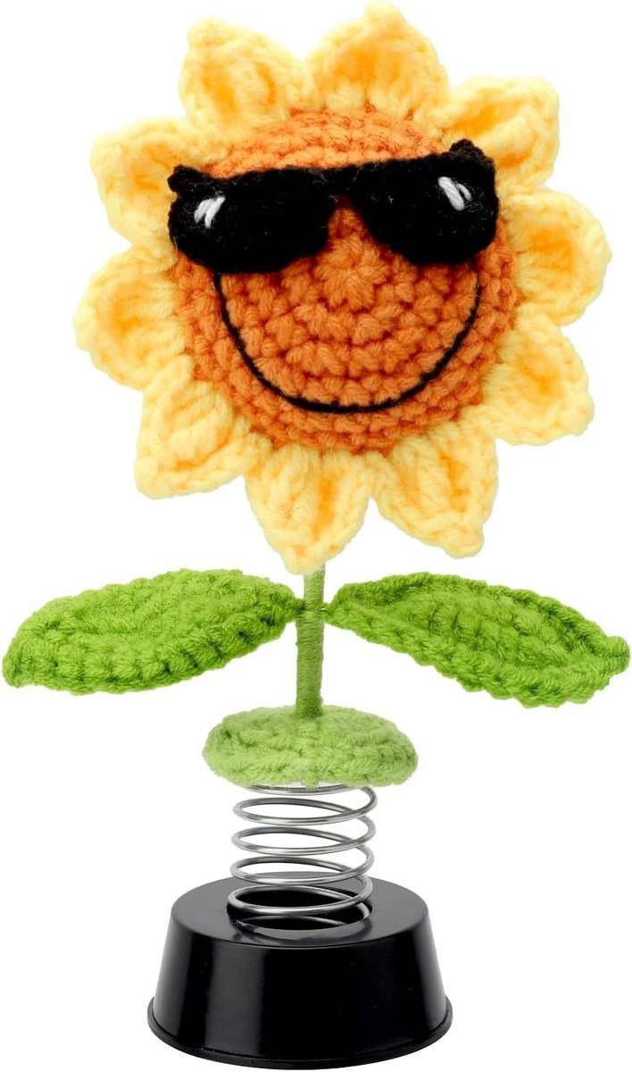 Gehaakte Zonnebloem Decoratie voor Auto en Thuis - Unieke Wobble Figuren
