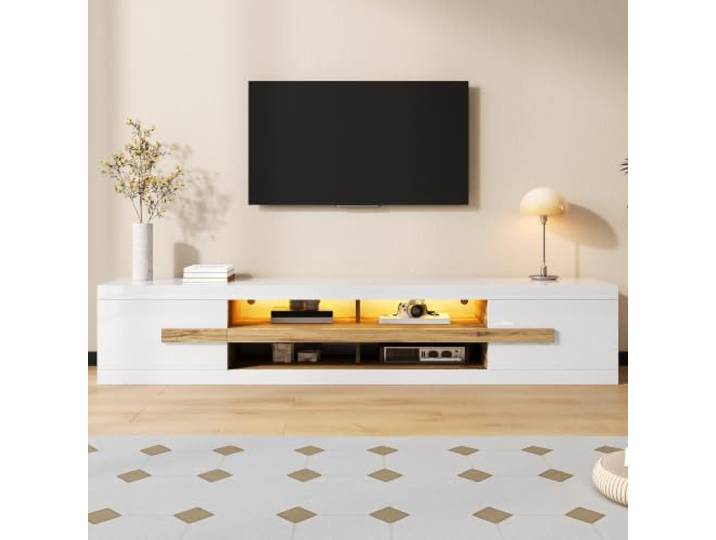 Ropilly TV-Lowboard mit LED-Beleuchtung aus Spanplatte, Weiß Zwei Türen und offene Fächer für Multimedia-Zubehör; Licht per App anpassbar für gemütliche Fernsehabende