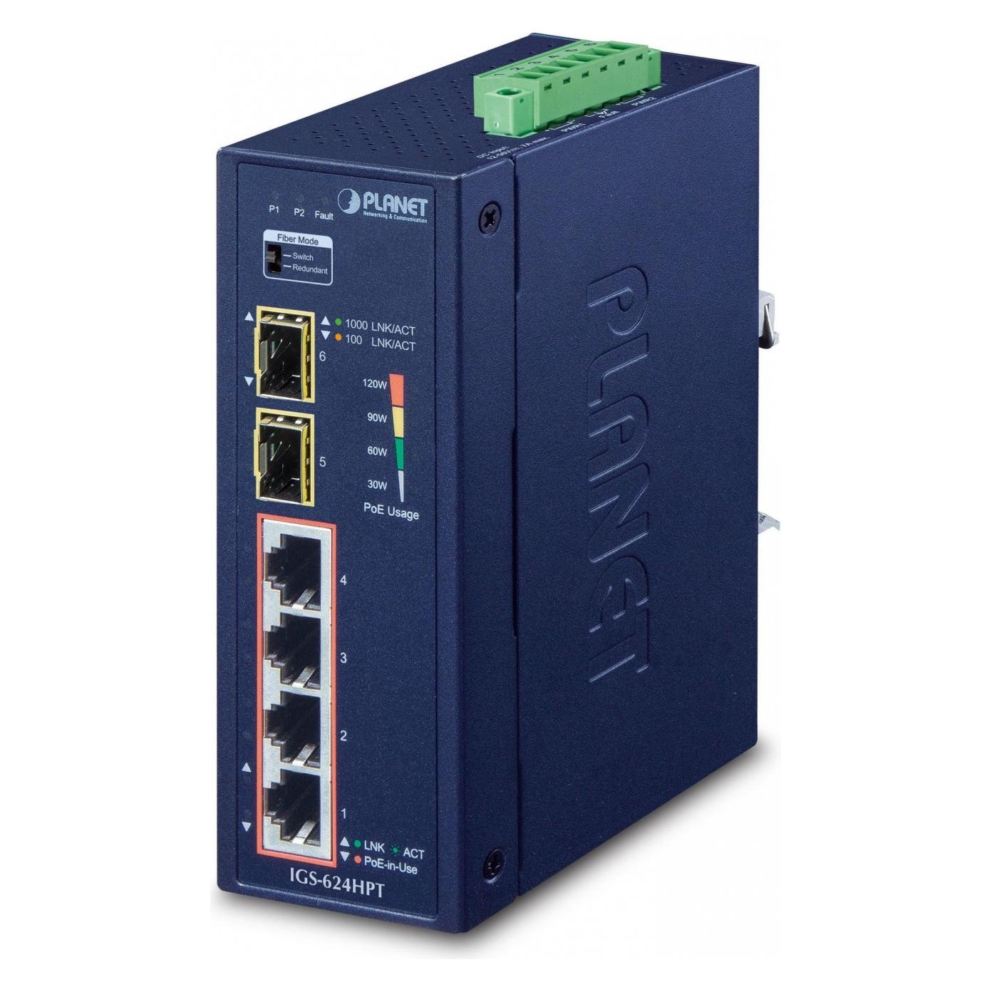 Planet Industrial 4-Port 10/100/1000T 802.3at PoE + 2-Port (6 Ports) (IGS-624HPT)