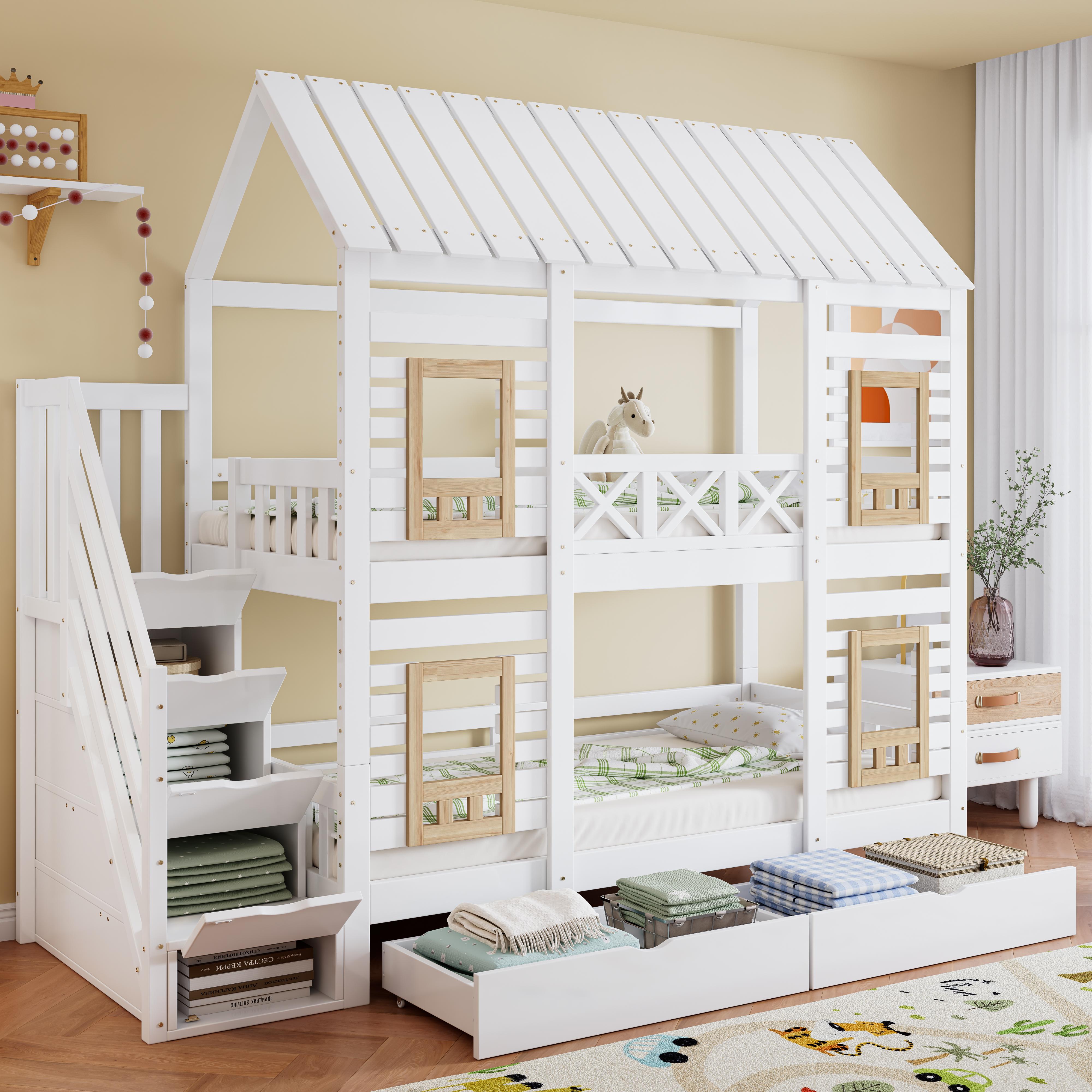 Abrihome Kinderbett Etagenbett-90x200cm mit Sicherheitsgitter und 2 Schubladen mit Rollen, Treppe mit Stauraum, Weiß